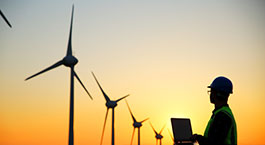 un homme qui regarde des éoliennes